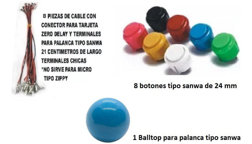 Kit 8 Botones Arcade Tipo Sanwa 24 Mm + 1 Balltop + 8 Cables