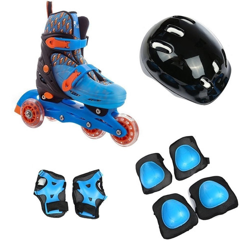 Patins Infantil 4 Rodas Azul  Ajustável Kit Proteção 32-35 