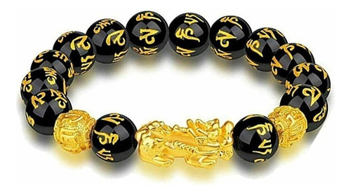 Pulsera Original Feng Shui Piedras Obsidiana Pixiu Oro