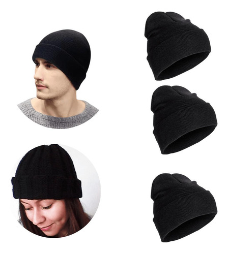 3 Toucas Gorro Lã Feminina Masculina Preta Básica Frio E