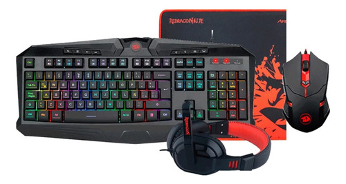 Kit Gamer Redragon Teclado Rgb Mouse M601 Fone Headset Preto