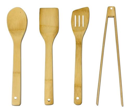 4 Utensilios Mango Madera Bambu Cocina Oferta Pinza Manual