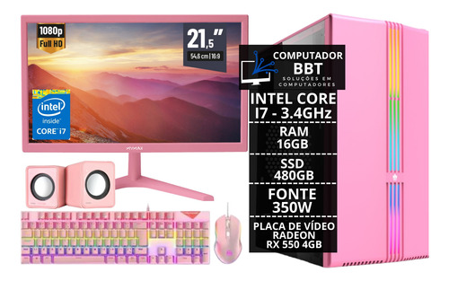 Pc Gamer Completo Rosa I7 16gb Ssd 480gb Rx 550 4gb Kit Game