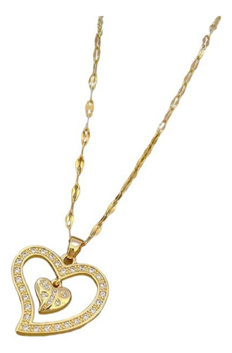 Cadena Y Dije Corazon Con Strass En Acero Dorado Para Fiesta