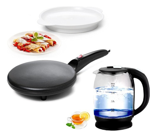 Pack Hervidor 2lt Vidrio Electrico + Panquequera Crepes 20cm