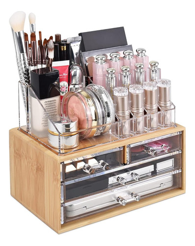 Ikee Design Bamboo Makeup Organizer With 4 Acrylic Storage, 