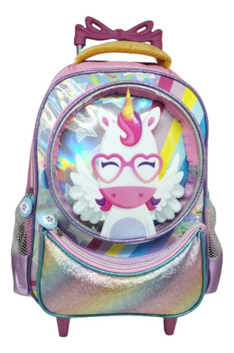 Mochila Bolsa Escolar Rodinha Infantil Feminino Unicórnio 3d