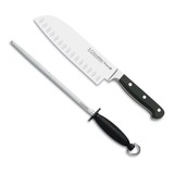 Set 3 Claveles Santoku Inox De 18cm + Chaira Rayada De 20cm 