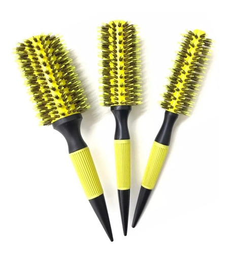 Kit 3 Escovas Térmicas Profissionais Cerdas Mistas De Javali Cor Amarelo