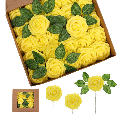 25 Rosas Artificiales Vintage Amarillas C/hojas Y Tallos