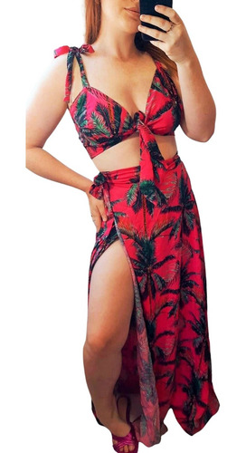 Conjunto Top Cropped E Saia Longa Estampada Saída De Praia