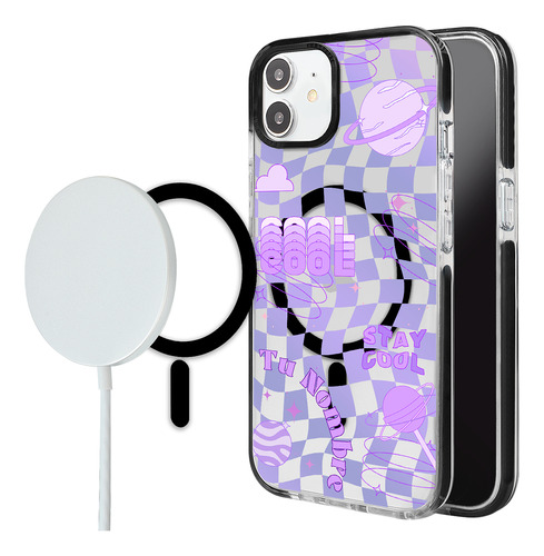 Funda Para iPhone Magsafe Para Mujer Nombre Cuadros Morados