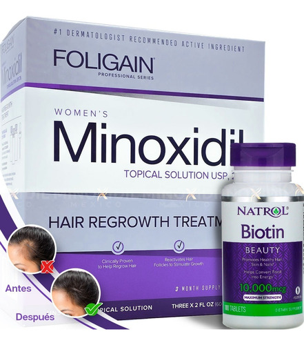 Minoxidil 2% Dama + Biotina Natrol 10,000 Mcg 100 Tabletas