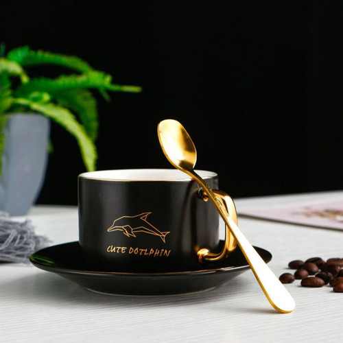 Set De Taza Ceramica C/plato+cucharita Moderna Delfin Negro