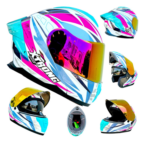 Casco Moto Blanco Rosa Luz Led Mujer Abatible Xtrong Azul 