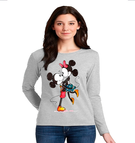 Polera Manga Larga 100% Algodón Mickey Y Minnie Abrazados