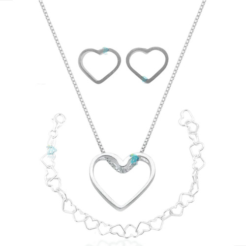 Conjunto Prata 925 Feminino Coração Vazado + Pulseira - 45cm