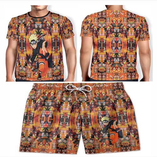 Kit Camiseta + Short Masculino Naruto Shippuden Praia Verão