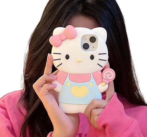 Funda 360 Kitty Con Figura 3d Para iPhone + Mica Vidrio 9h