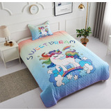 Cubrecama De Verano Quilt 1.5 Plazas Unicornio Celeste