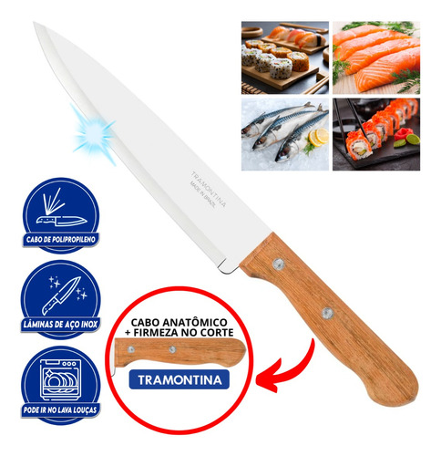 Cuchillo Dinámico Peixeira Para Sushi, Atún Y Sashimi, 8 Pulgadas, De Tramontina Dynamic Con Mango De Madera