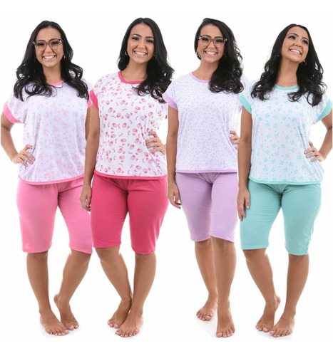 Pijama Pescador Adulto Feminino Blusinha E Calça Curta Noite