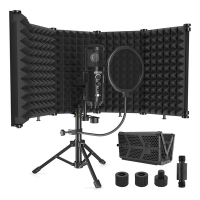 Cenawin Kit De Espuma Acústica De 5 Paneles Plegables Aislantes De Ruido Con Shield Acústico Y Filtro Anti-pop Trípode Para Micrófono Negro