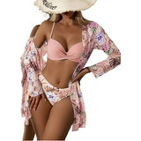 Conjunto De Kimono Playa Femenino + Bikini Floral 3 Pcs