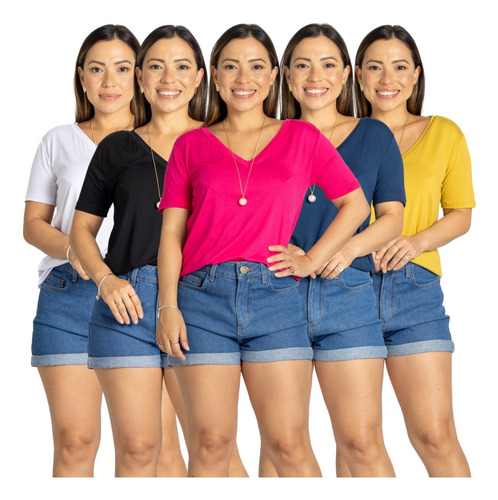 Combo 5 Camiseta De Malha Soltinha Manga Curta Gola V