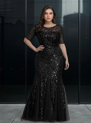 Vestido Largo Fiesta Negro Sirena Lentejuela Talla Extra