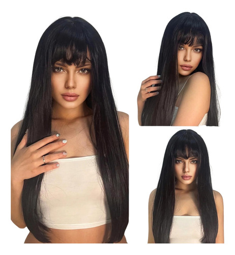 Peruca Wig Lace Lisa Ondulada Com Franja Fibra Orgânica