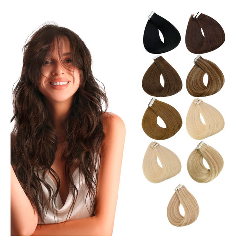 20 Extensiones Tape Adhesiva Cabello 100% Natural Ondas 60cm