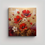 80x80cm Cuadro Floral Rojo Y Dorado En Lienzo Bastidor Mader