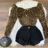 Kit Conjunto Body Tule Animal Print + Short Jeans Preto     