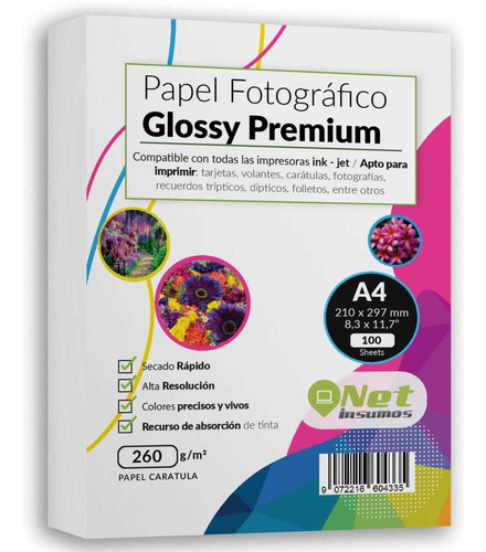 Papel Fotográfico Glossy Premium A4 260 Gr Pack 100 Hojas