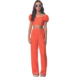 Conjunto De Roupa Juvenil Cropped E Calça Wide Leg Tecido