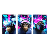 Quadro Decorativo 3 Pçs Chimpanzes Tecnologicos