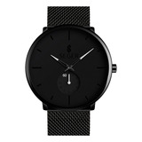 Reloj Minimalista Hombre Seger 9185 Analogico Acero Elegante Malla Negro Fondo Blanco