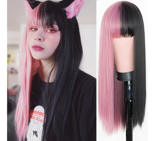 Rosa Y Negro Peluca Larga Lacio Cabello Cosplay Peluca