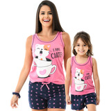 Kit Pijamas Mãe E Filha Baby Doll Conjunto Confort Verão Cat