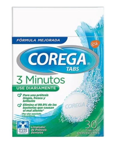 Corega Tabs 3 Minutos 30 Tabletas Limpiadoras Efervescentes 