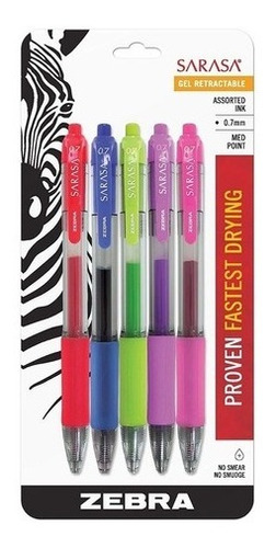 Blíster 5 Plumas Gel Bolígrafos Zebra Sarasa Retráctil 0.7 M