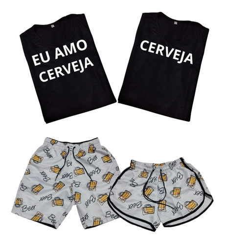 Conjunto Camisetas Eu Amo Cerveja + Shorts Casal Combinando