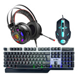 Kit Gamer Diadema Teclado Mecánico Mouse Iluminado Rgb Usb Mouse Negro