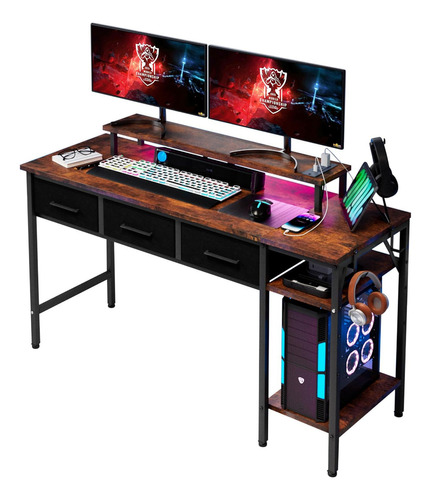 55-inch Computer Desk With 3 Drawers, Gaming Desk With Le