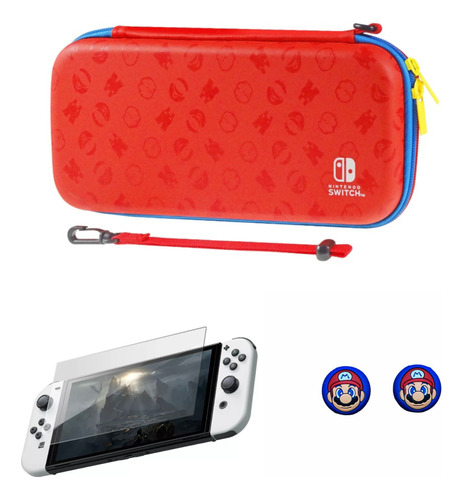 Estuche Diseño Rojo/azul + 2 Grips + Vidrio Switch Oled