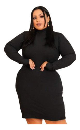 Vestido Plus Size Manga Longa Midi Canelado Inverno 