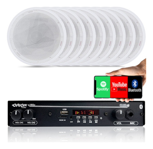 Kit Som Ambiente Amplificador Bt Fm +9 Arandelas Gesso Teto 