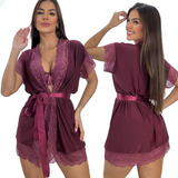 Robe Roupão Feminino Laço Cetim Renda Luxo Microfibra Sexy