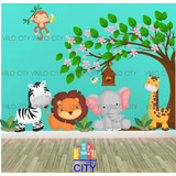 Vinil Decorativo Animales De La Selva Con Arbol 2 Mts X 1.50